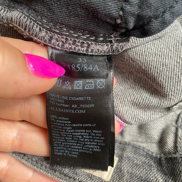 All Saints mens jeans "Cigarette" sz 33 gray wash button fly distressed - Picture 7 of 7